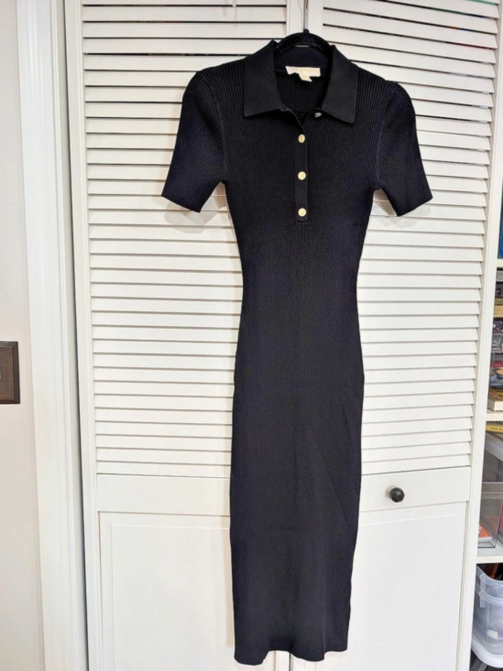 Michael Kors Ribbed bodycon Polo Midi Dress Black Medium